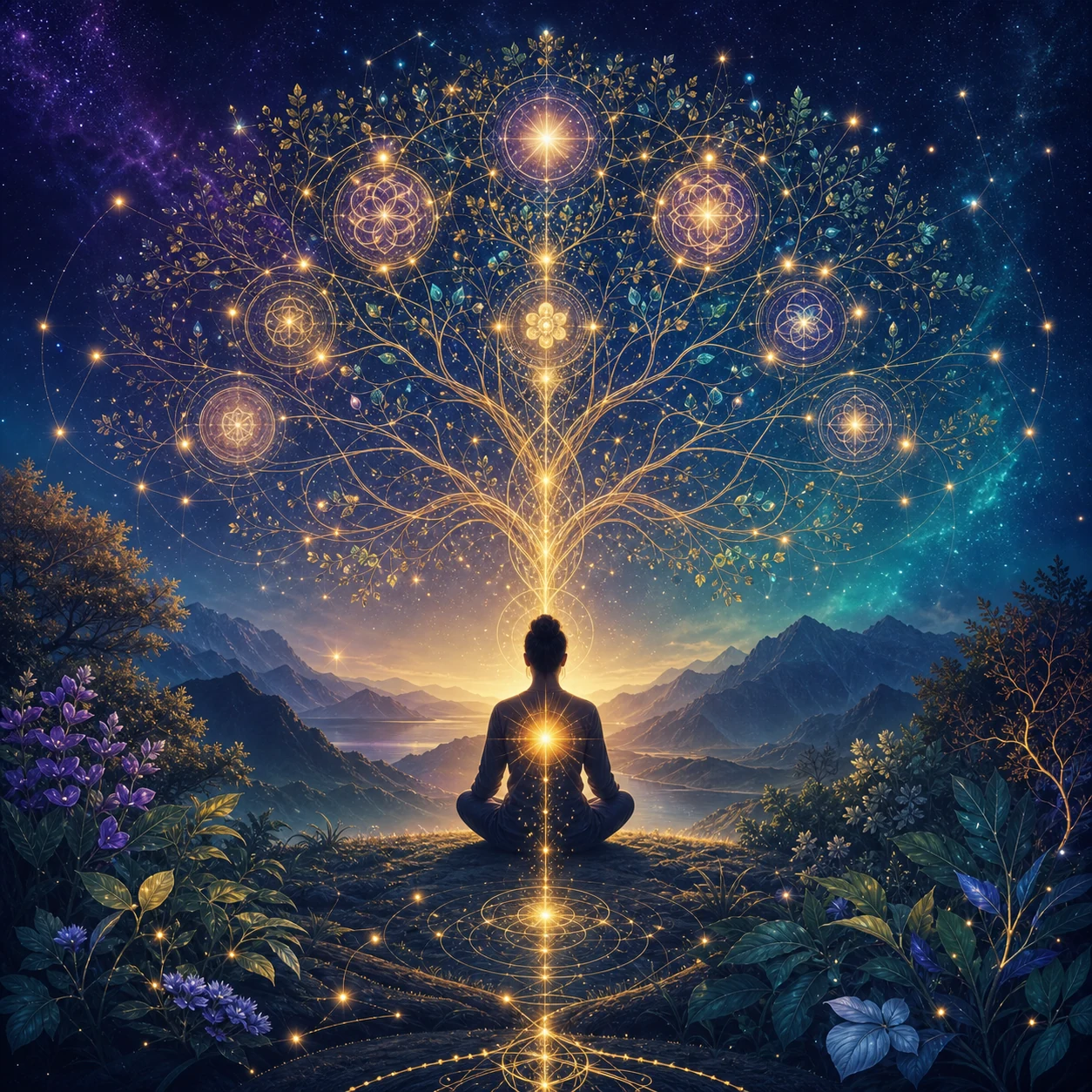 A reflective figure beneath a radiant tree of life and constellation network
